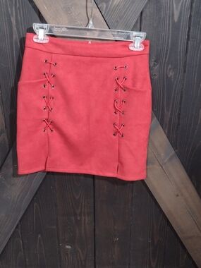 Red Lace-Up Faux Suede Mini Skirt - Women's Fashion